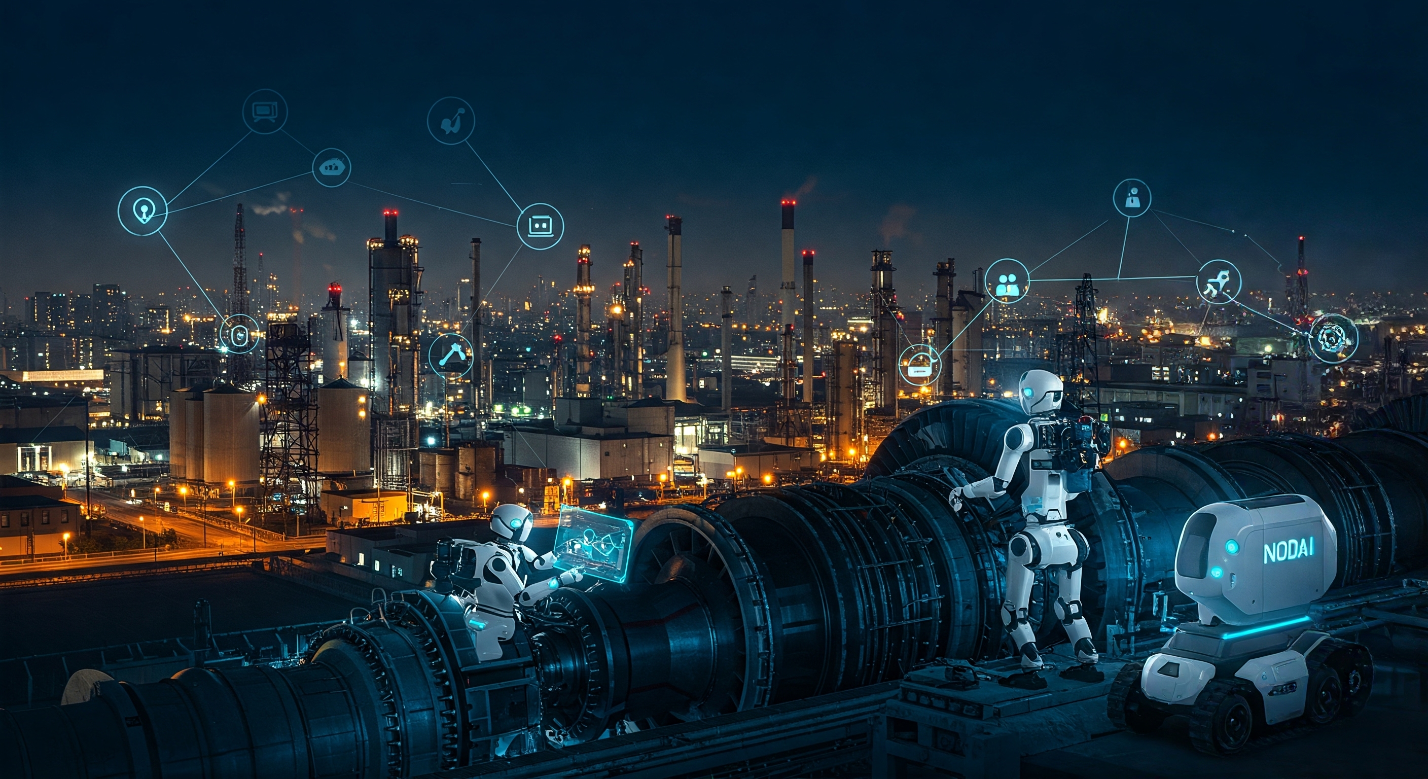 AI-powered predictive maintenance dashboard overlaying a modern factory floor.